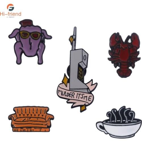 Friends TV Show Enameled Metal Brooch Phone Lobster Tea Central Perk Brooch for Women Men Evening Dress Shirt Backpack Pin Gift
