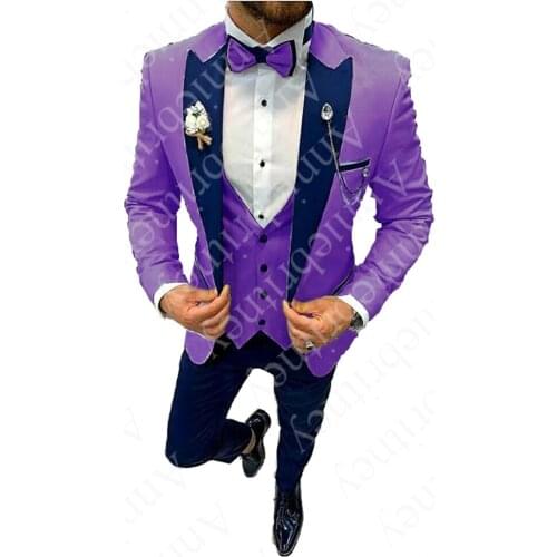 2021 Mens 3 Piece Suits Blue Peak Lapel Slim Fit Formal For Wedding Groomsmen Tuxedos Clothing Blazer+Vest+Pant (No Tie)