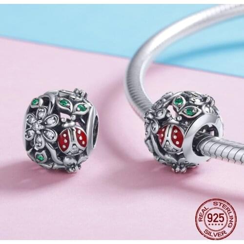 Genuine 925 sterling silver flowers ladybug zircon beads fit bangle charm bracelet original jewelry pendant necklace DIY gift