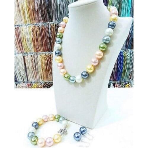 New hot 14MM multicolor South Sea shell pearl necklace bracelet earrings set