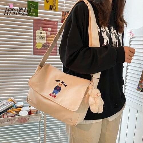 Summer new style college style vintage sense cute cartoon embroidery bear girl canvas shoulder messenger bag