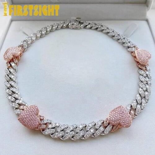 New 12MM Iced Out Bling CZ Miami Cuban Link Chain Heart Necklace Two Tone Color Pink Heart Charm Choker Women Hip Hop Jewelry