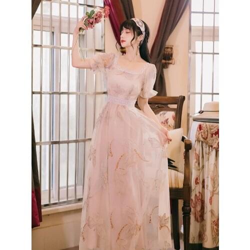 Sweet Fairy Dress Women Butterfly Embroidery Net Gauze Skirt Summer 2021 Square Neck Elegant Puff Sleeve Gentle Princess Dress