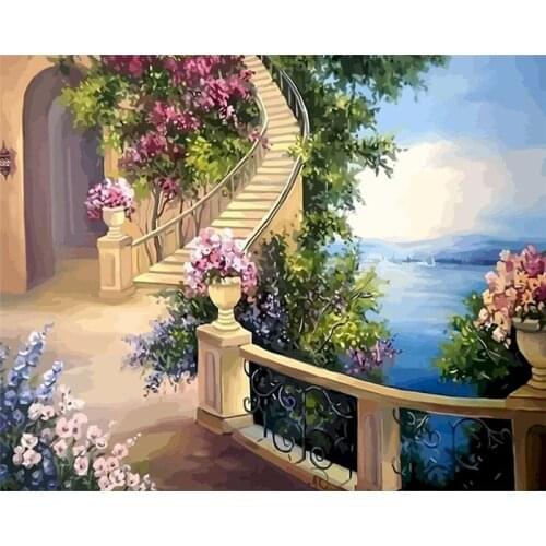 GATYZTORY Frame Diy Painting By Numbers Seaside Stairs Paint By Number Landscape Handpainted Wall Decor Frame 60×75cm Gift
