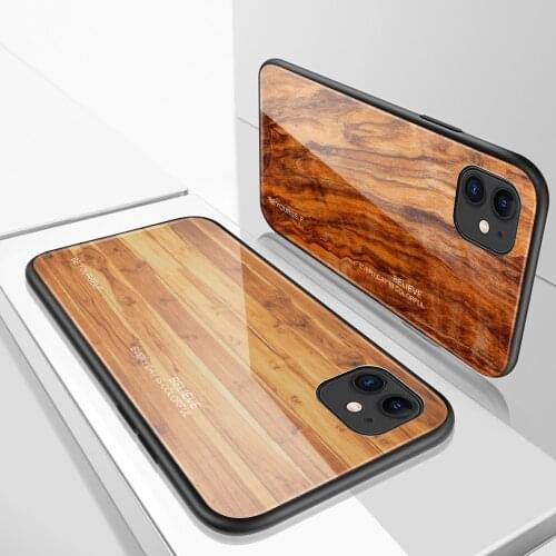 Luxury Wood Grain Phone Case For iPhone 11 Pro Max XS XR Tempered Glass Hard Cover Case for iPhone 7 Plus 6 6S 8 X Coque Shell