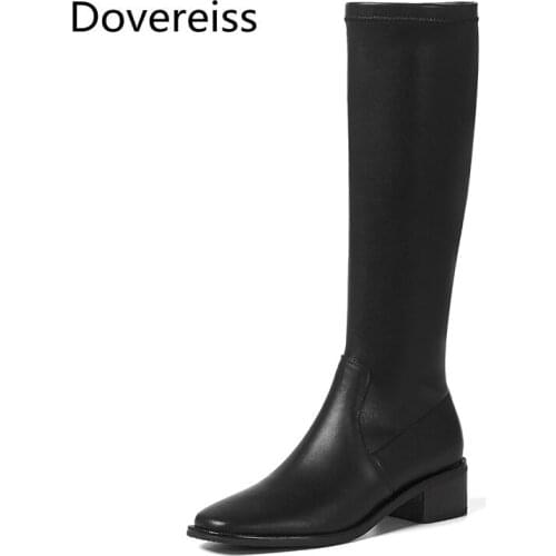 Dovereiss Fashion Womens Shoes Winter Concise New Brown Sexy Cowhide Zipper Clear Heels Boots Knee high Boots 33-40