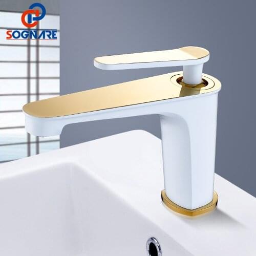 SOGNARE Bathroom Faucet White&Golden Hot Cold Water Tap Water Bathroom Tap Single Lever Mixer Tap Brass Basin Mixer Vintage Taps