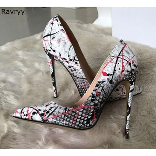 White Black snakeskin pink printed Sexy Pumps Woman high heel Pointed Toe 10/12CM female stiletto heels OL out fits party shoes