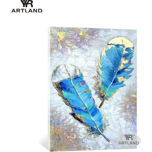 Unique gift for Christmas hand-painted bright blue and gold feather abstract canvas oil painting wall art picture for Entrancn