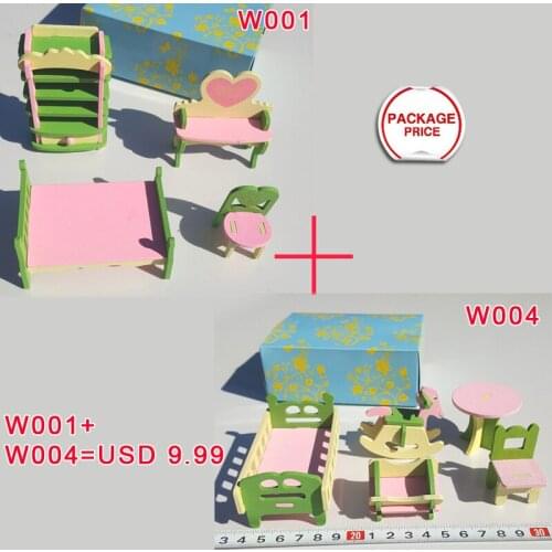 W001+W004 DIY Educational Toys children birthday gift kids wooden toy Furniture doll house set bedroom baby room 2set/lot