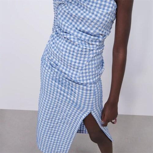 MESTTRAF Women 2021 Fashion Pleated Check Midi Skirt Vintage High Waist Back Zipper Vents Hem Female Skirts