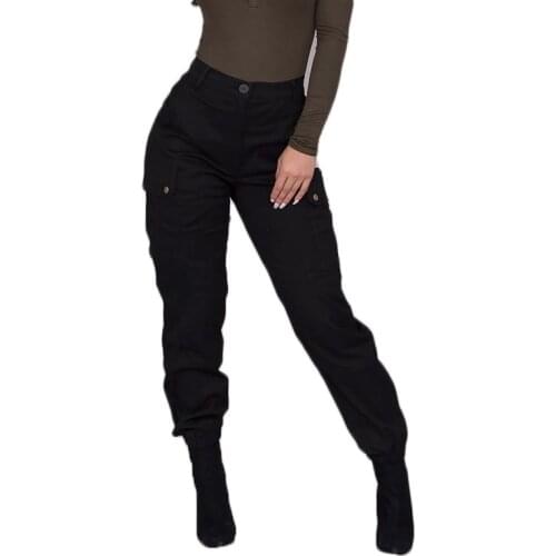 2020 Women Cargo Pants Safari Style Female Black Pants with Side Pockets Female Casual High Waist Long Trousers Button Pants