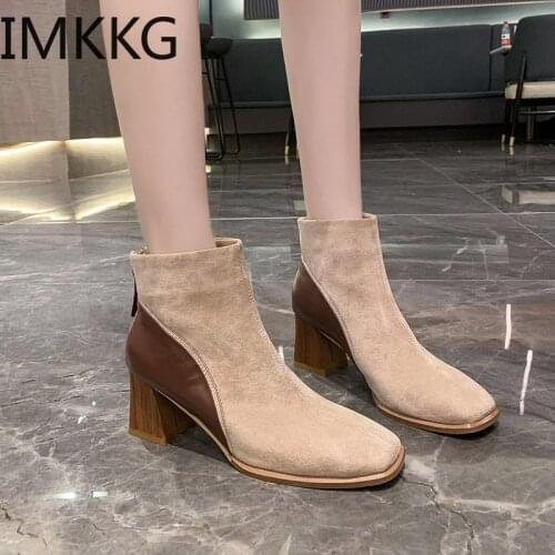 Women Autumn Winter Flock Ankle Boots zip Square Toe Squar Heel Casual black Booties women boots 2020