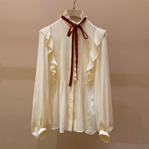 Korean Fashion Ruffles Chiffon Womens Tops and Blouses 2021 Spring Summer Elegant Bow Draped Blusas Y Camisas