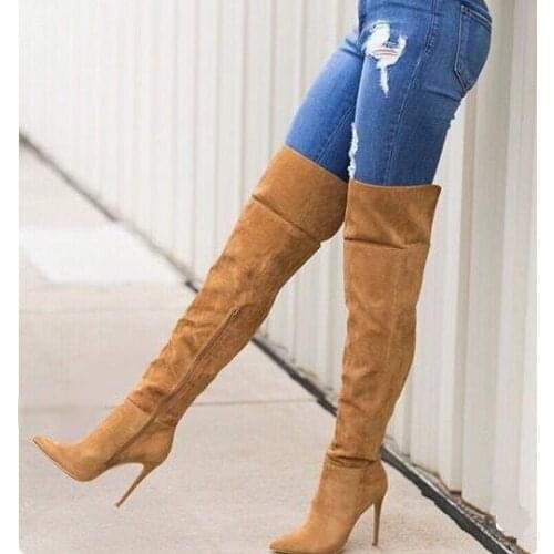 High Quality Winter Women High Boots Pointed Toe Brown Suede Leather Slim Over The Knee Thigh High Stiletto Boots Side Zipper