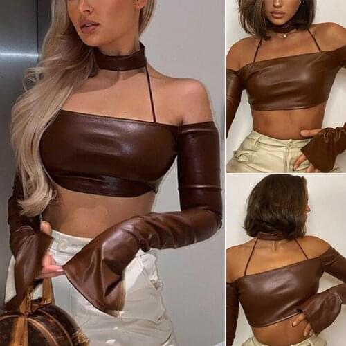 Womens Fashion Sexy Halter Slit Long Sleeve One Shoulder Leather Top Brown