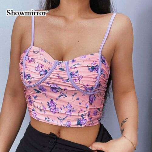 Showmirror Floral Print Women Strap Crop Top Camis Patchwork Bodycon Sexy Streetwear Club Elegant 2021 Summer Clothes