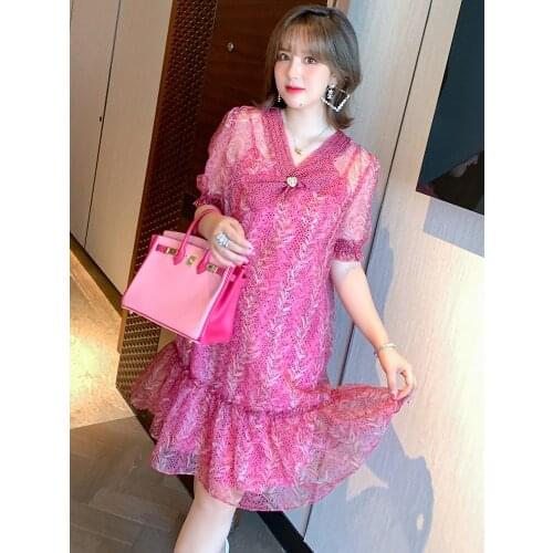 High quality V - neck bowknot printing gauze dress with the harness new summer dresses