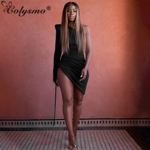 Colysmo Black Dress Autum Long Sleeve Robe Fashion Single Shoulder Side Drawstring High Waist Bodycon Dresses Lady Streetwear