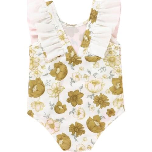 0-18 Months Baby Girl’s Sweet Flower Printing One-Piece Swimsuit Lovely Sweet Summer Flounce Sleeveless Triangle Swimsuit