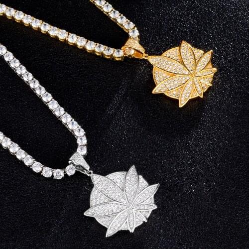 Hip Hop Mens Gold color Full Zircon Hemp Leaf Pendant Necklace Ice Out Cuban Jewrly Hip Hop For Men