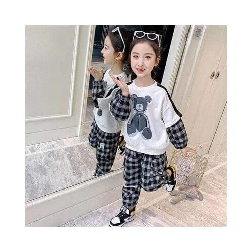 2021 childrens wear manufacturer childrens spring and autumn Suit Girls' plaid pants two piece spring long sleeve suit