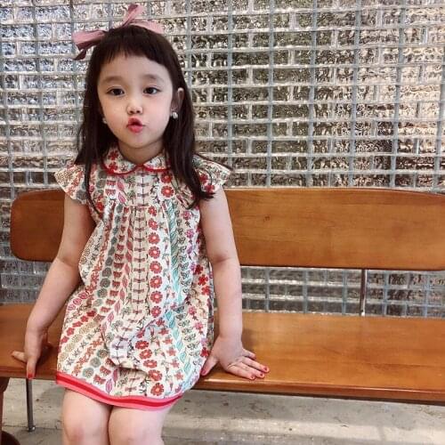 Summer Korean Style Baby Girl Children Kids Fashion Cute Retro Loose Breathable Flower Printed Dress