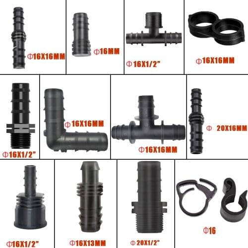 Tubing Fitting 16 20mm Tee Elbow Equal Barb Connector End Plug Micro Drip Adapter & Pipe Hook Connection Fastening Clips Garden