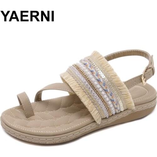 YAERNI Summer 2018 Women Flat Gladiator Sandals Shoes Woman Bohemia Flip Flop Frayed Fringe Tassel Casual Beach Sandals 35-42