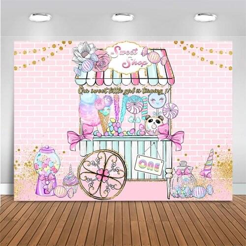 Mocsicka Sweet Shop Ice Cream Candy Donuts Backdrop Baby 1st Birthday Party Photo Background Pink Brick Wall Photography Props