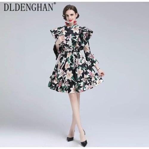 DLDENGHAN Fashion Designer Autumn Dress Women Stand Collar Flare Sleeve Ruffles Sashes Lily Print Vintage Dresses