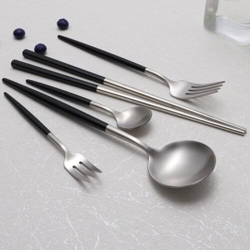 Black Silver 18/10 Cutlery Set Stainless Steel Dinnerware Steak Knife Fork Chopsticks Teaspoon Party Kitchen Food Tableware Set
