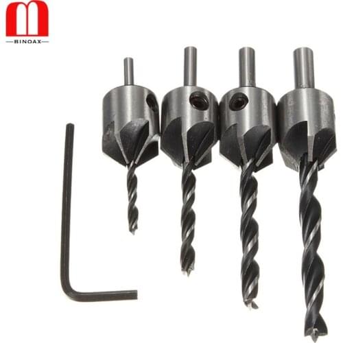 BINOAX 4pcs HSS 5 Flute Countersink Drill Bit Set Screw Woodworking Chamfer Tool 3-6mm