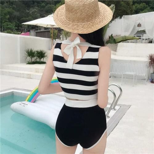 Korean New Black And White Striped Knit With Chest Pad Deep V Sexy Bikini High Waist Small Fresh And Conservative Swimsuit Women