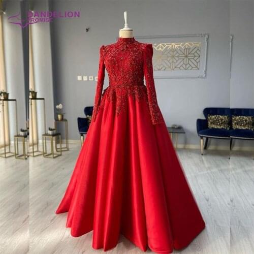 Long Sleeves High Neck Muslim Arabic Elegant Evening Dresses For Woman 2021 A-Line Beadings Formal Party Gowns