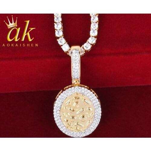 Oval Army Card Pendant Necklace Gold Color 4mm Tennis Chain Cubic Zircon Mens Hip Hop Jewelry