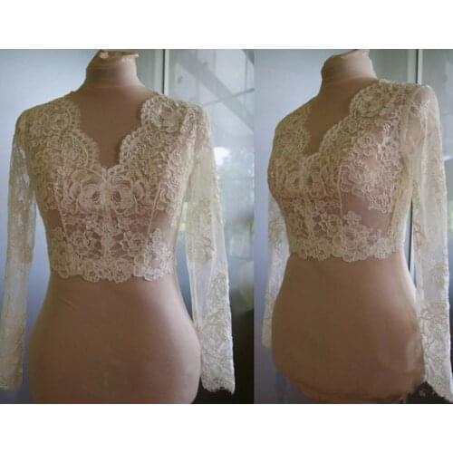 GOHYPDUG Wedding Boleros with Lining Jackets V Neck Ivory/White Long Sleeve Lace Beaded Bridal Jacket Shrug