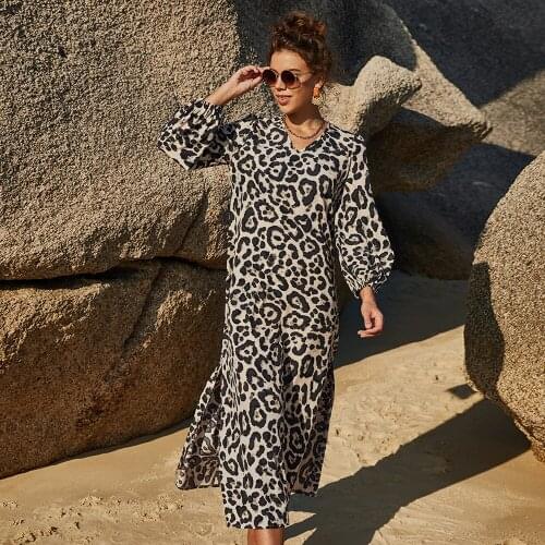 Summer Women Maxi Dress Kaftan Leopard Print Long Dresses Beach Holiday High Slit Long Sleeve V-Neck Party Gown Fashion Vestidos
