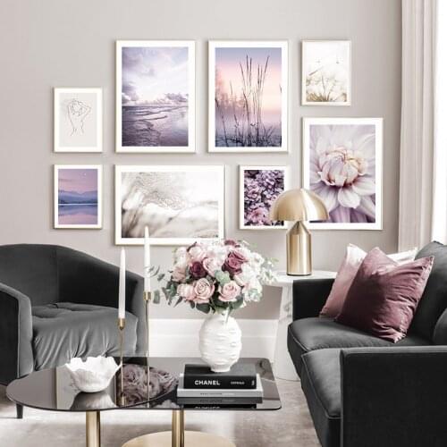 Nordic Natural Landscape Art Wall Painting Beige Purple Flower Sunset Canvas Painting Poster Living Room Home Decoration Cuadros
