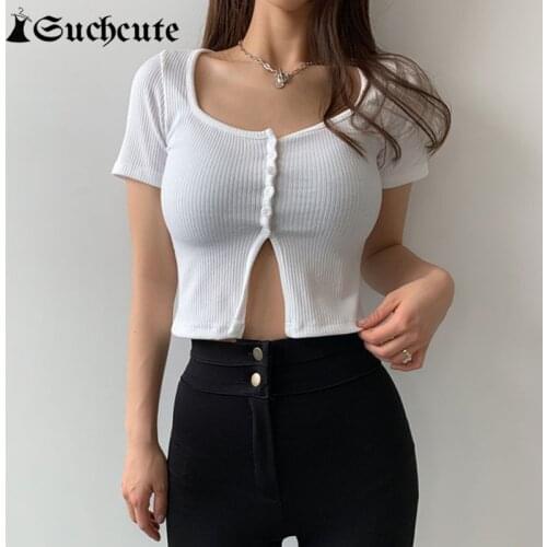SUCHCUTE Casual Basic Female T-Shirts Summer Short Sleeve Korean Style Botton Up Tee Shirts Sexy Slim Outfits Split Crop Tops