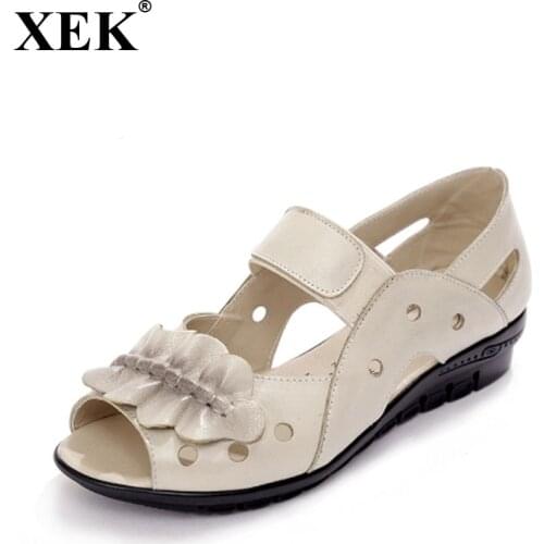 XEK Summer Women Shoes Genuine Leather Flat Sandals Casual Open Toe Sandals For Female GSS81