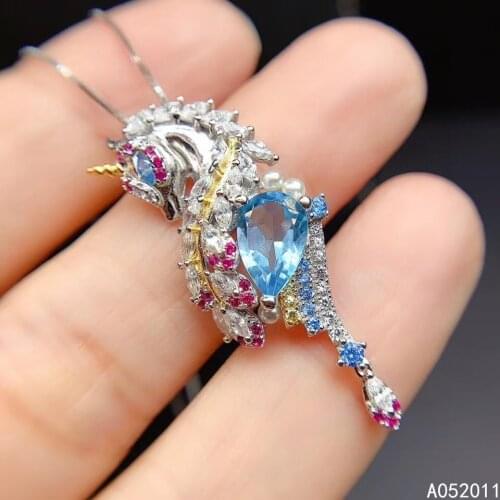 KJJEAXCMY fine jewelry natural blue topaz 925 sterling silver fashion unicorn girl pendant necklace support test hot selling