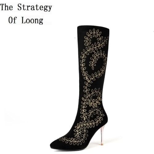 Autumn Winter Women Embroidery Pointed Toe Thin High Heels Knee High Boots Lady Sheepskin Flock Spring Knight Long Boots 180719