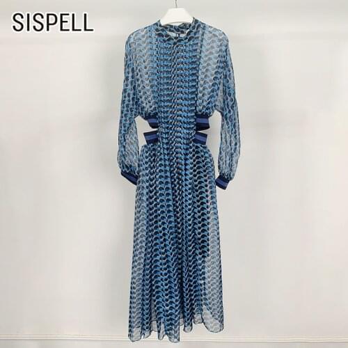 SISPELL Print Hit Color Dresses For Female Stand Collar Long Sleeve High Waist Hollow Out Womens Elegant Dress Fashion Tide New