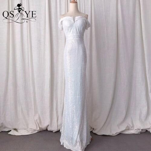 Off Shoulder White Prom Dress Long Twill Sequin Evening Gown Side Sleeves Formal Party Dress Triangle V Net Mermaid Women Gown