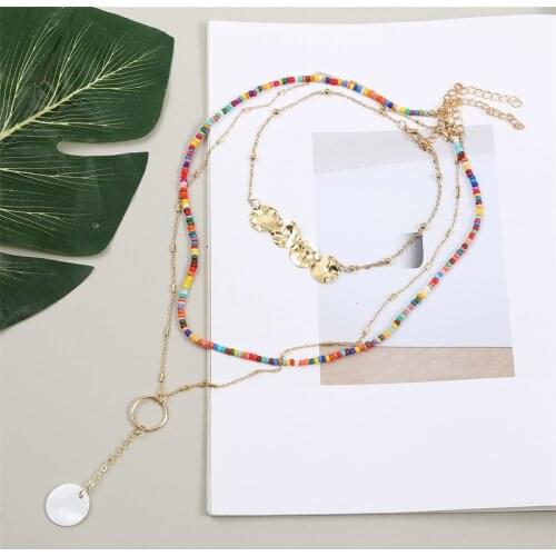 3Pcs/Set Bohemian Multicolor Glass Beaded Necklaces For Women Fashion Boho Round Iron Sheets Pendant Gold Metal Chain Necklace