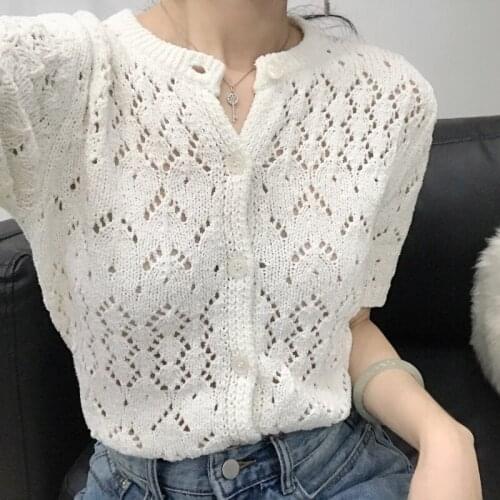 Hollow Out Knit Cardigan Sweater Women Designer Spring 2021 New Short Sleeve Cardigan Female V Neck Crystal Beaded Knitwear Tops