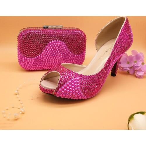BaoYaFang fuschia crystal Peep toe shoes Womens Wedding shoes and bags Open side Fashion shoes for woman New arrival High Pumps