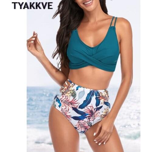 Push Up Bikini High Waist Swimsuit Leaf Print Swimwear Women 2021 Cut Out Bathing Suit Cross Bandage Beachwear XXL