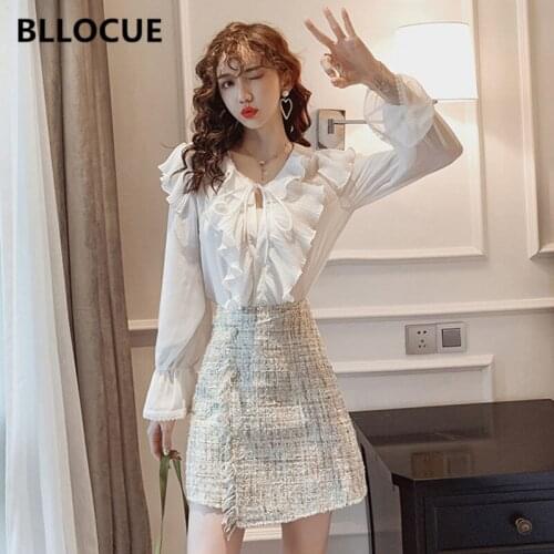 BLLOCUE 2020 Spring Autumn Elegant Women 2 Piece Set Fashion Ruffled Bell Sleeve Chiffon Shirt Top + Irregular Tweed Skirt Suit